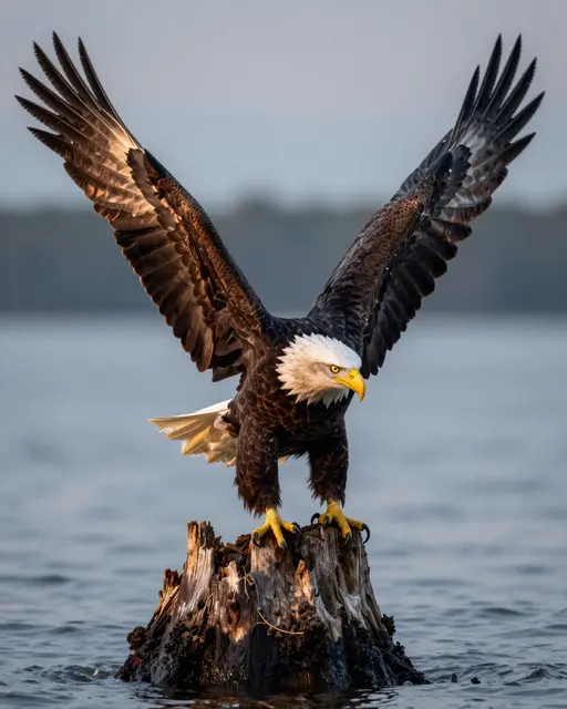 A bald eagle stands on a weathered lake stump with fully spread wings during soft dusk light
