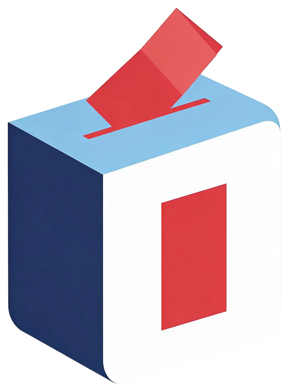 A flat geometric ballot box with a folded red ballot being inserted into its top slot