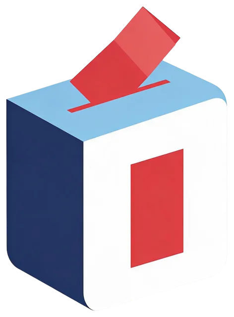 A flat geometric ballot box with a folded red ballot being inserted into its top slot
