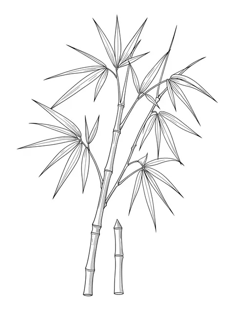Minimalist fine line art of bamboo stalks with slender leaves on a plain white background