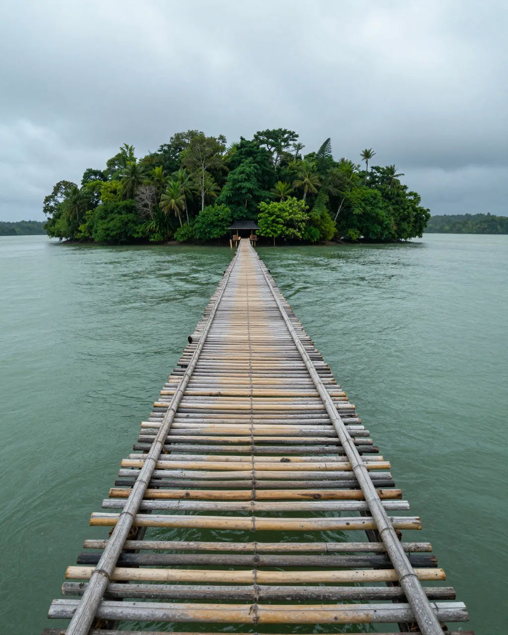 Long weathered bamboo jetty stretches across green water to a rainforest island under low cloudy skies