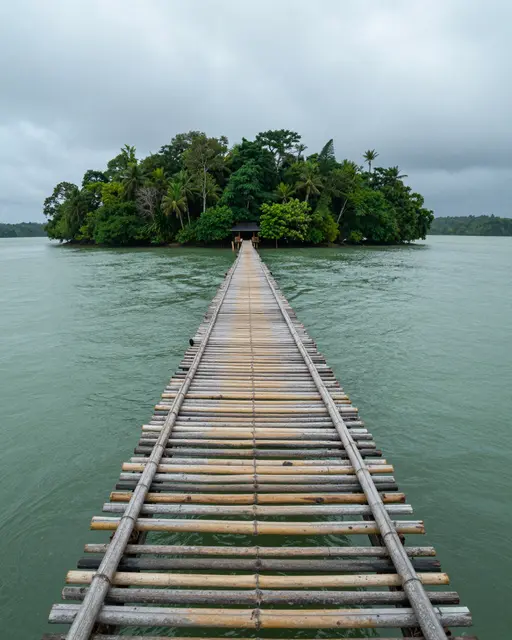 Long weathered bamboo jetty stretches across green water to a rainforest island under low cloudy skies