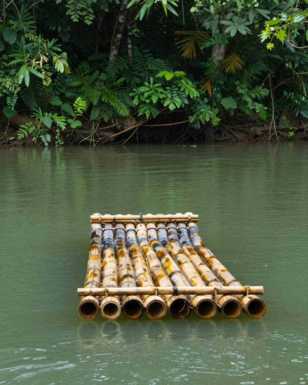 A handcrafted bamboo raft floats on calm green water next to dense tropical jungle riverbank foliage.