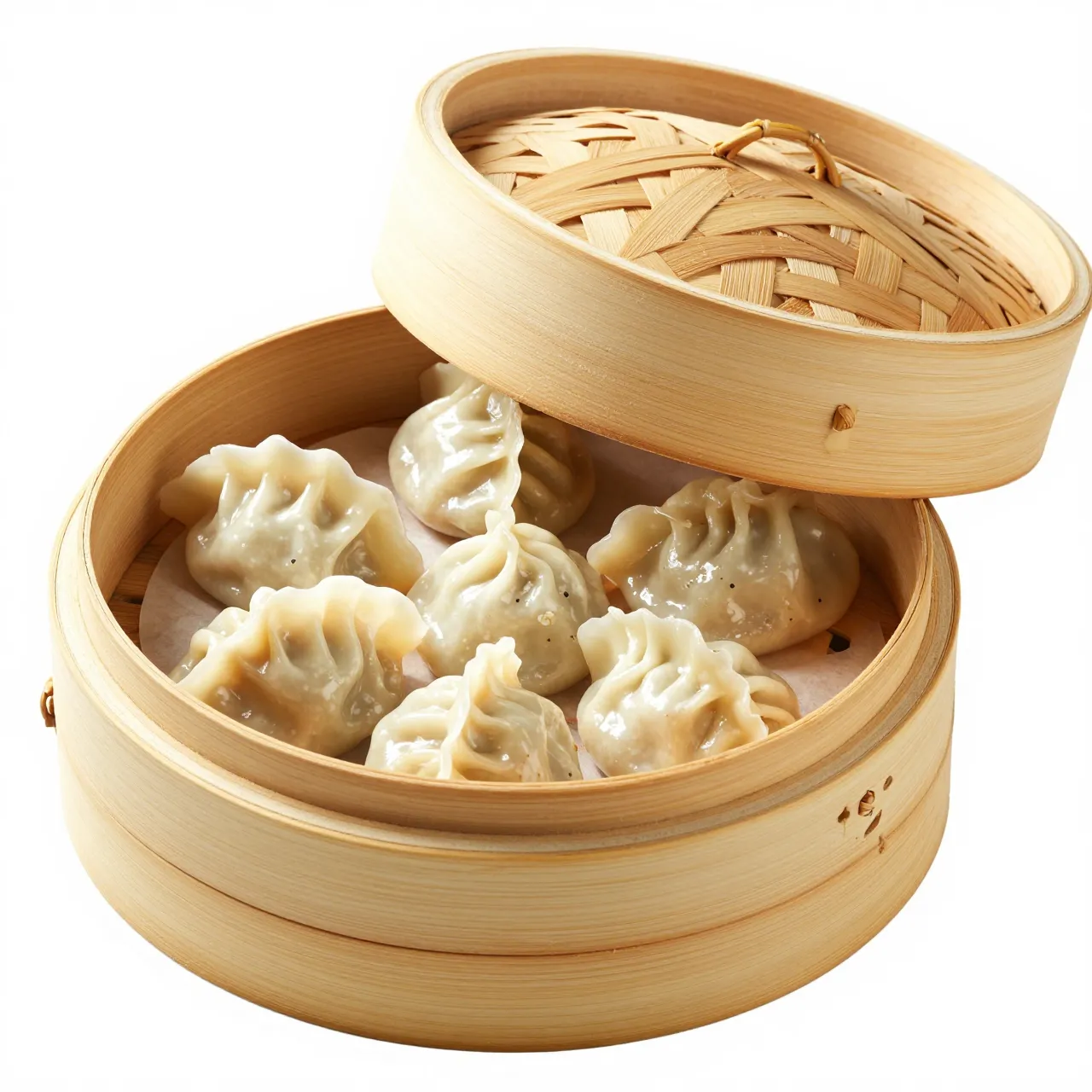 An open bamboo steamer basket with its lid ajar holding fresh steamed dumplings on a pure white background.