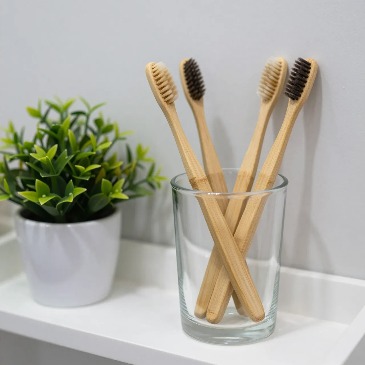 Bamboo toothbrushes stand in a clear glass cup next to a small potted plant on a white bathroom shelf.