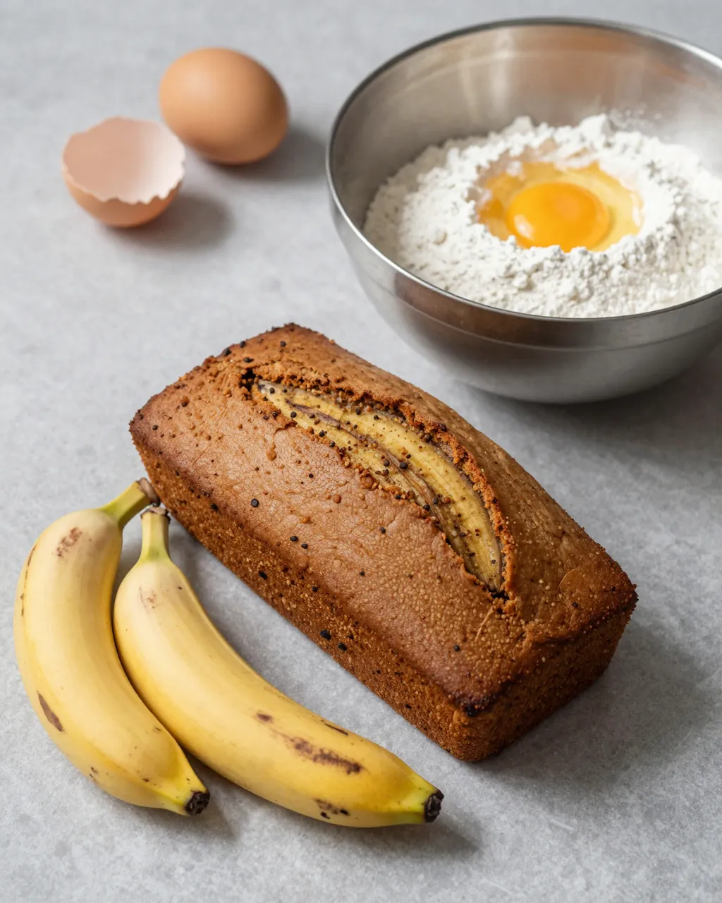Baked banana loaf, spotted bananas, and baking supplies arranged on a gray countertop
