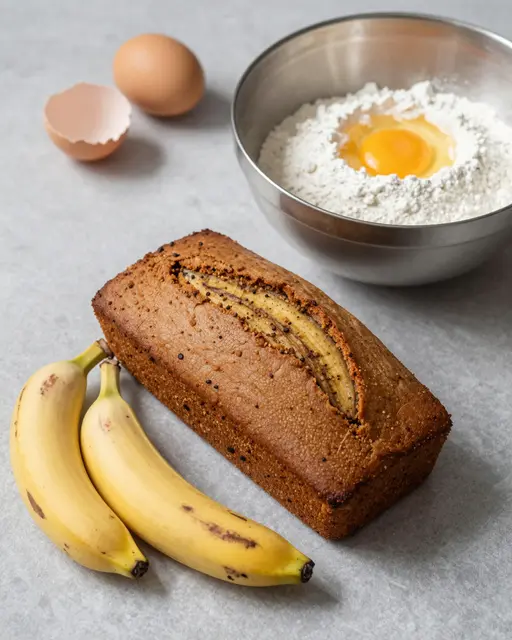 Baked banana loaf, spotted bananas, and baking supplies arranged on a gray countertop