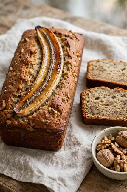 Loaf of banana bread with caramelized banana top, sliced pieces, and a bowl of walnuts resting on linen over wood