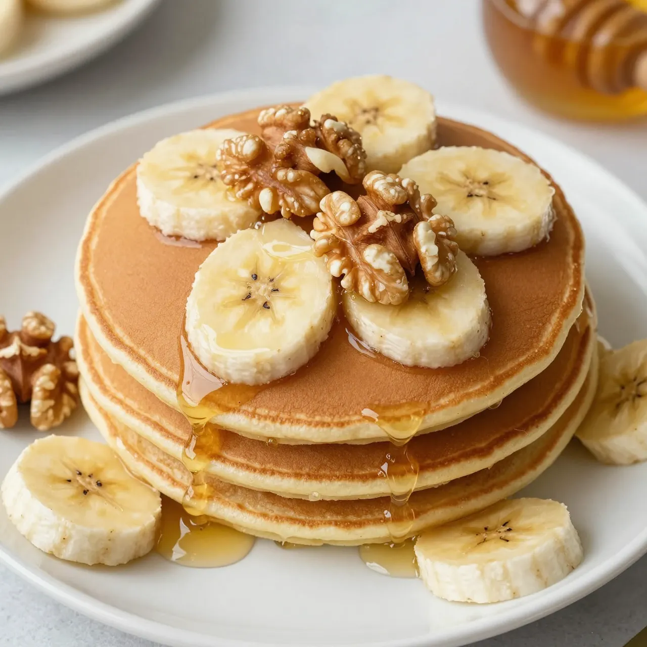 Top view of a stack of pancakes topped with banana slices, walnuts and drizzled honey on a white plate.