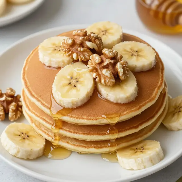 Top view of a stack of pancakes topped with banana slices, walnuts and drizzled honey on a white plate.