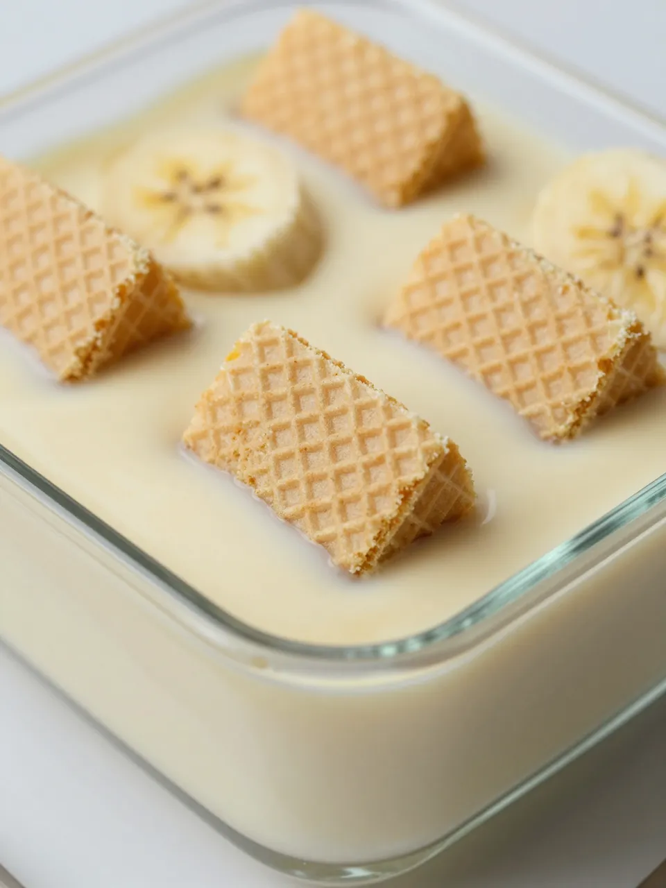 Creamy banana pudding topped with wafer cookies and banana slices in a square glass dish
