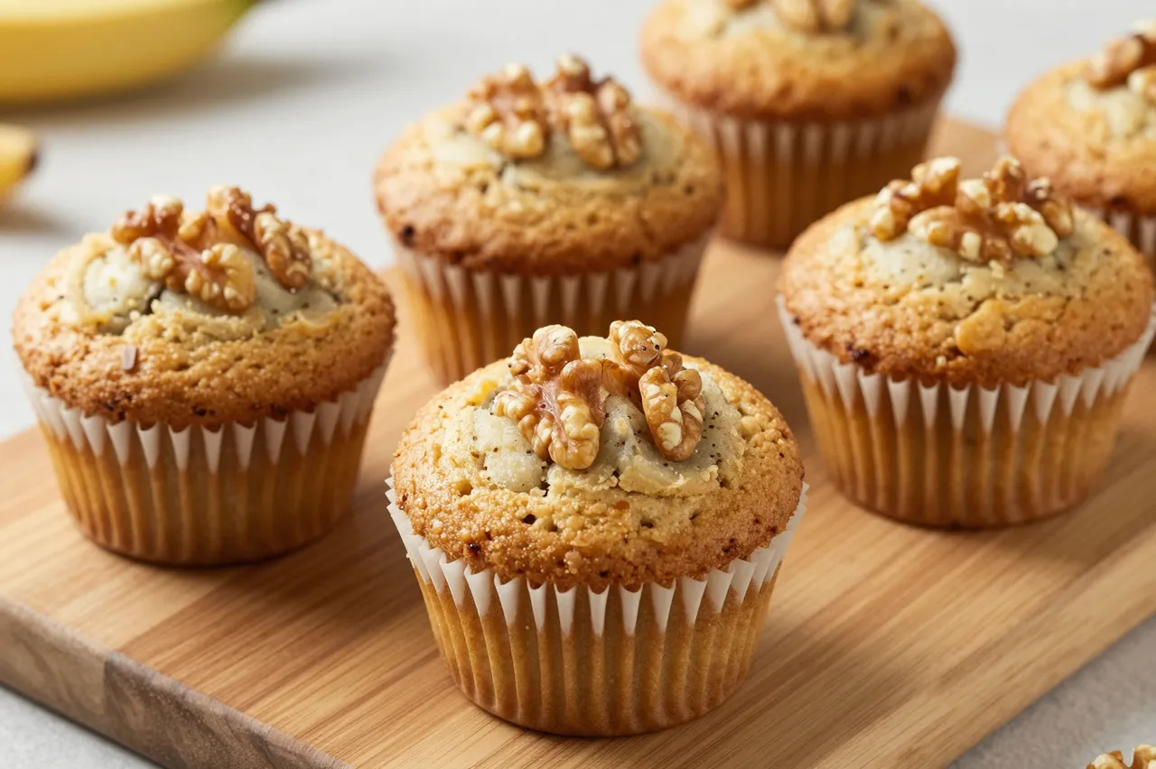 Fresh banana walnut muffins topped with walnuts sit on a light wooden board, with blurred bananas in the background.