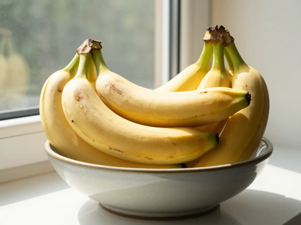 Ripe yellow bananas sit in a glazed ceramic bowl on a sunlit windowsill beside a window.