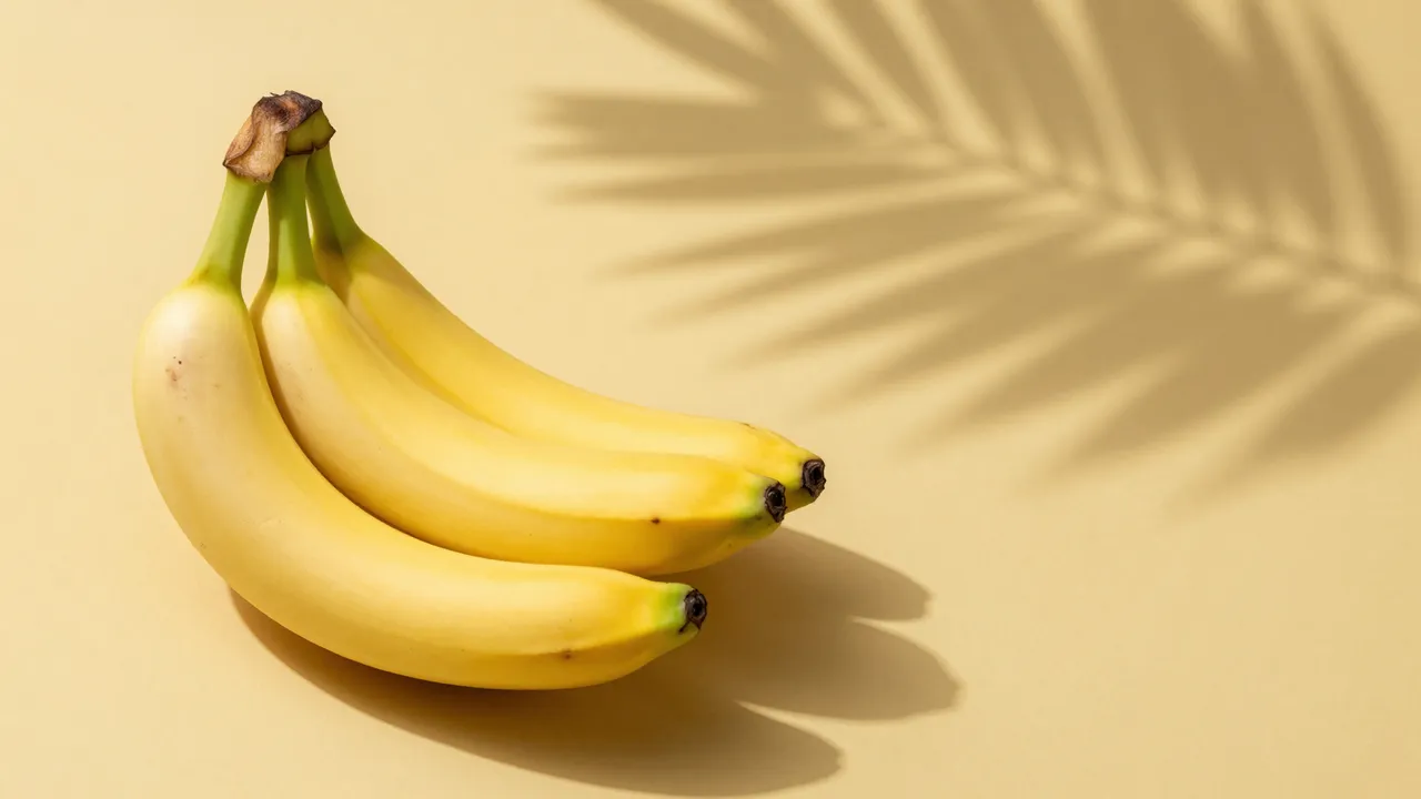 A bunch of ripe yellow bananas rests on a pale yellow surface with crisp palm leaf shadow and empty copy space to the right.