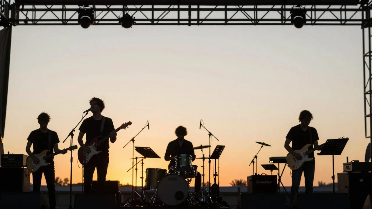Silhouetted band members perform on an outdoor stage against a warm sunset sky
