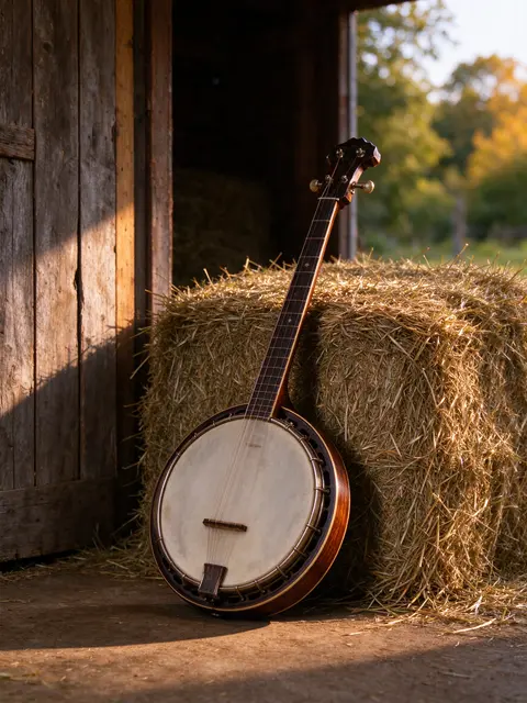 A banjo leans against a hay bale inside a barn doorway lit by late afternoon sun