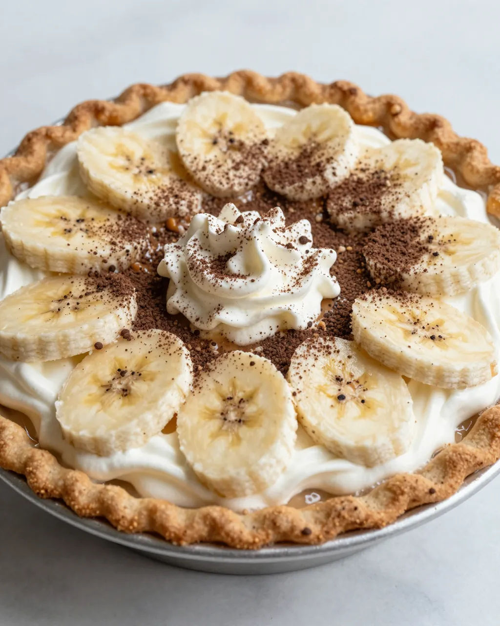 Whole banoffee pie topped with banana slices, whipped cream, and cocoa dust in a metal pie dish