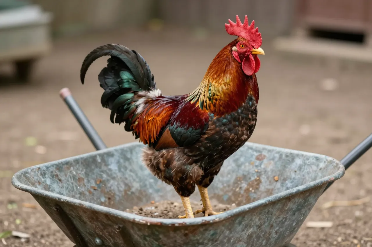 Colorful bantam rooster standing inside a weathered metal wheelbarrow in a farm yard