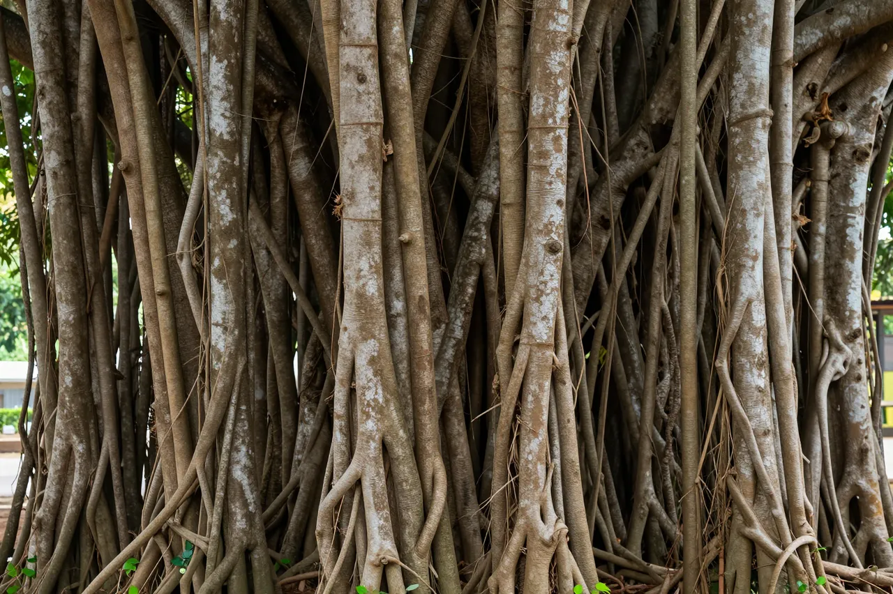 Dense curtain of thick, tangled banyan tree aerial roots fills the frame, with small green sprouts at the base.