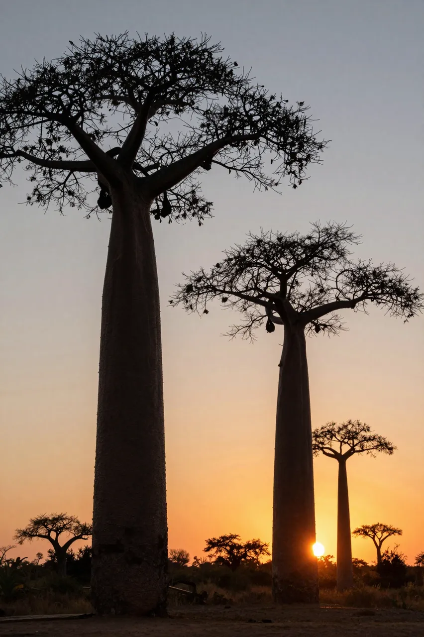 Tiers of silhouetted baobab trees stand against a warm gradient sunset sky with a low glowing sun.