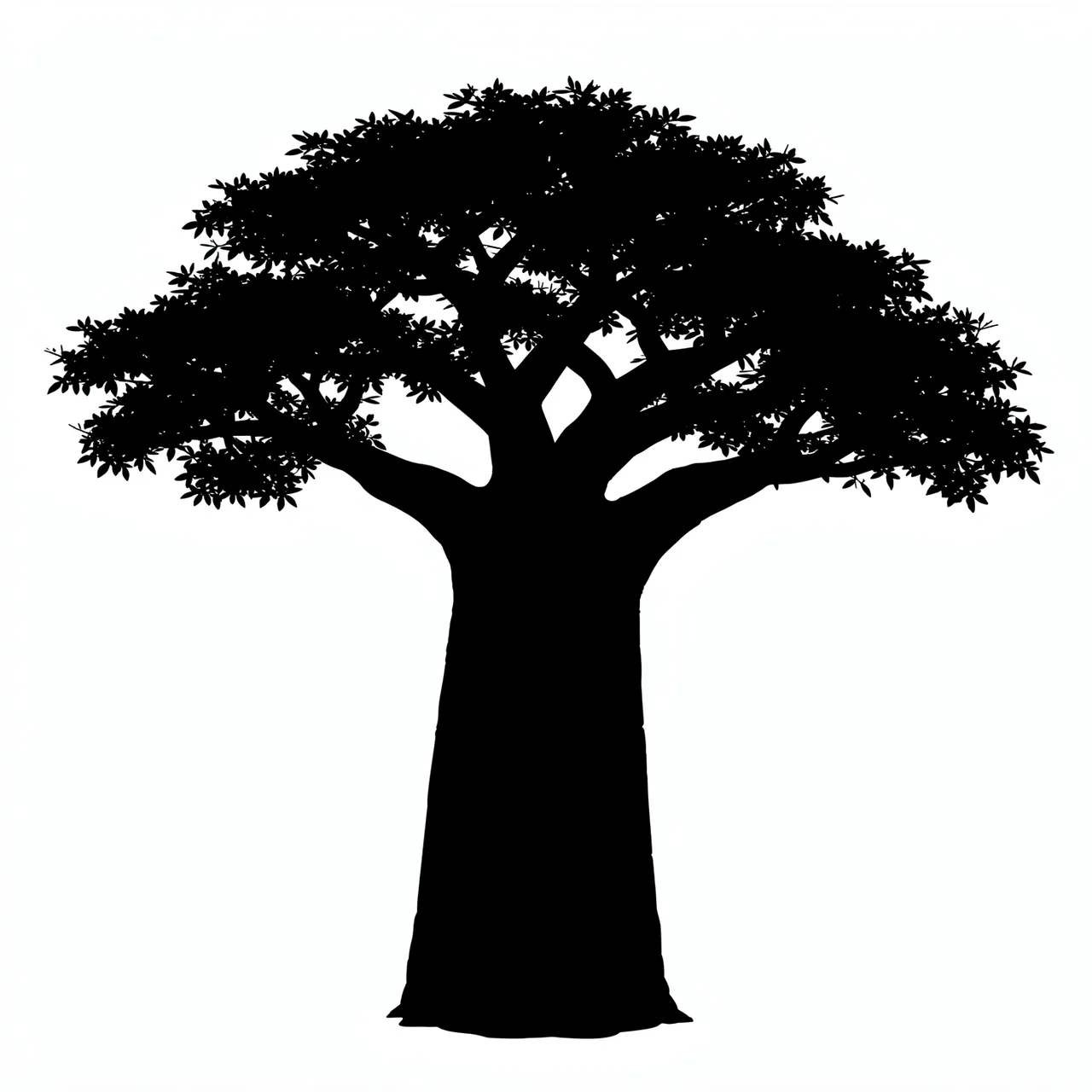 Solid black baobab tree silhouette with a thick trunk set against a plain white background