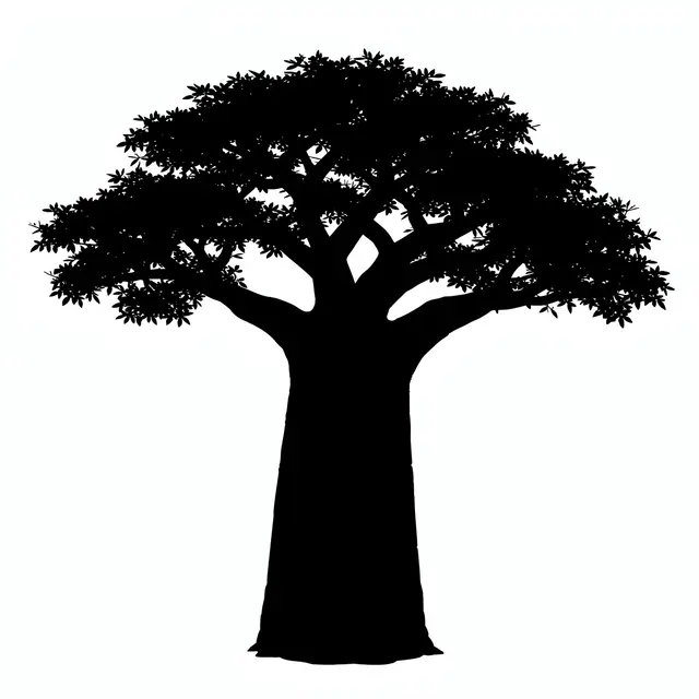 Solid black baobab tree silhouette with a thick trunk set against a plain white background