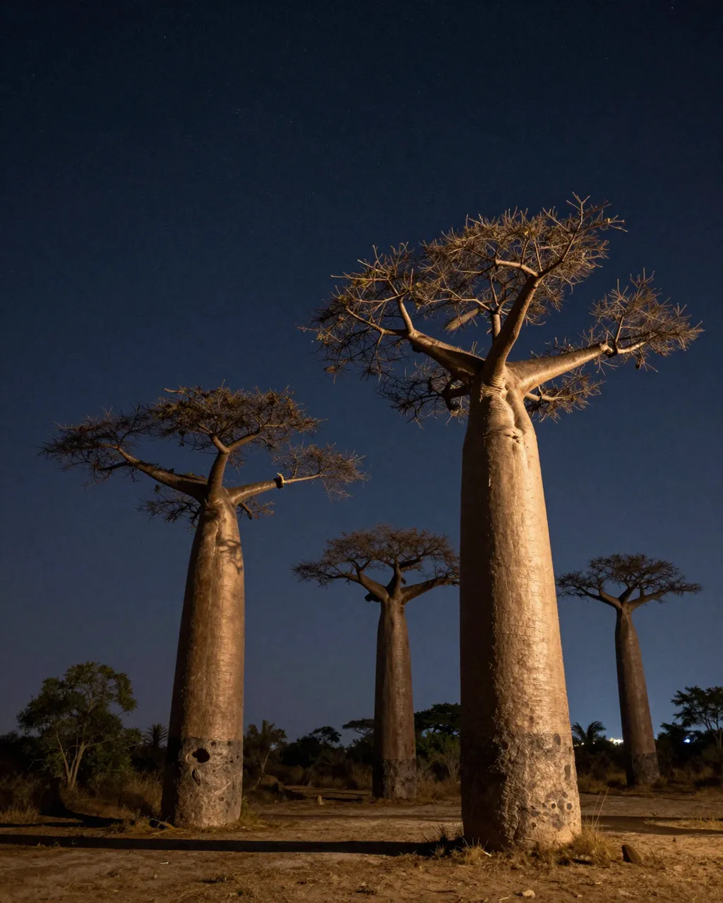 Illuminated baobab trees stand on dry savanna ground beneath a dark starry night sky