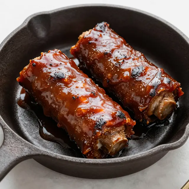 Two saucy glazed burnt ends sit in a small cast iron skillet on a light countertop