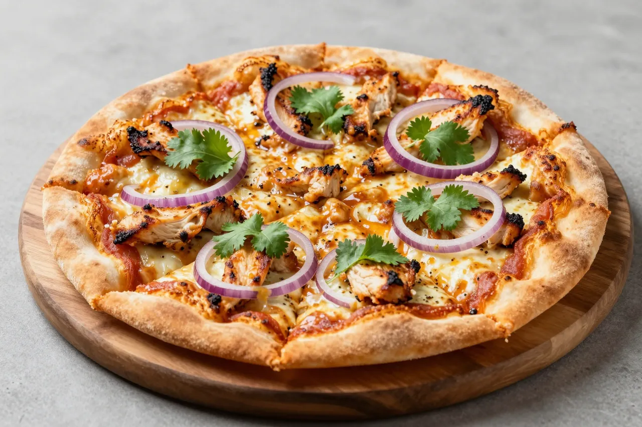 A top-down view of barbecue chicken pizza topped with red onion and cilantro resting on a round wooden serving board.