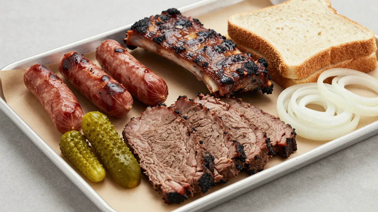 Smoked brisket, ribs, sausage, pickles, onion rings and bread sit on a metal tray lined with butcher paper.