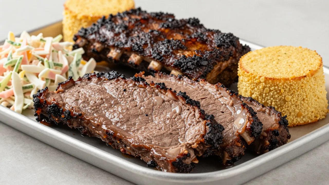 Metal tray holds smoked brisket, ribs, coleslaw, and individual cornbread servings on a light countertop