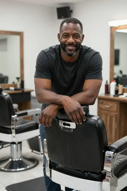 Smiling middle-aged Black man leans on a barber chair inside an empty barbershop