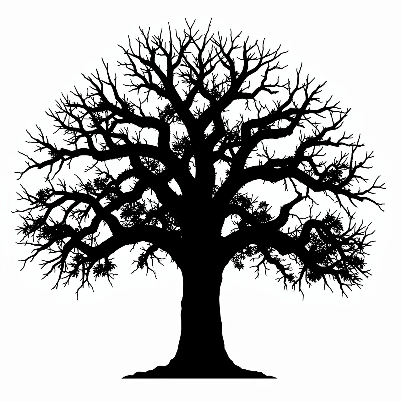 Solid black silhouette of a large leafless oak tree on a plain white background
