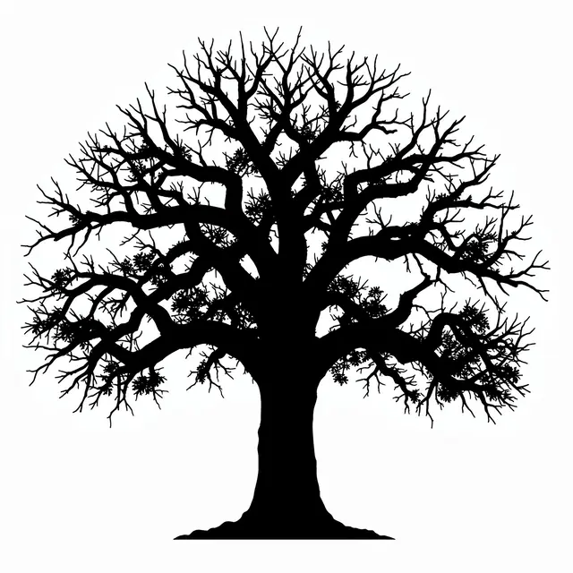 Solid black silhouette of a large leafless oak tree on a plain white background
