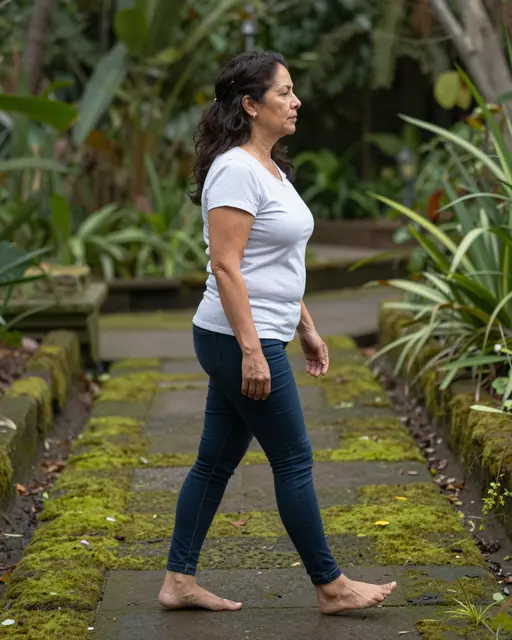 A side view of a Latina woman in her fifties walking barefoot slowly along a mossy garden path in walking meditation.