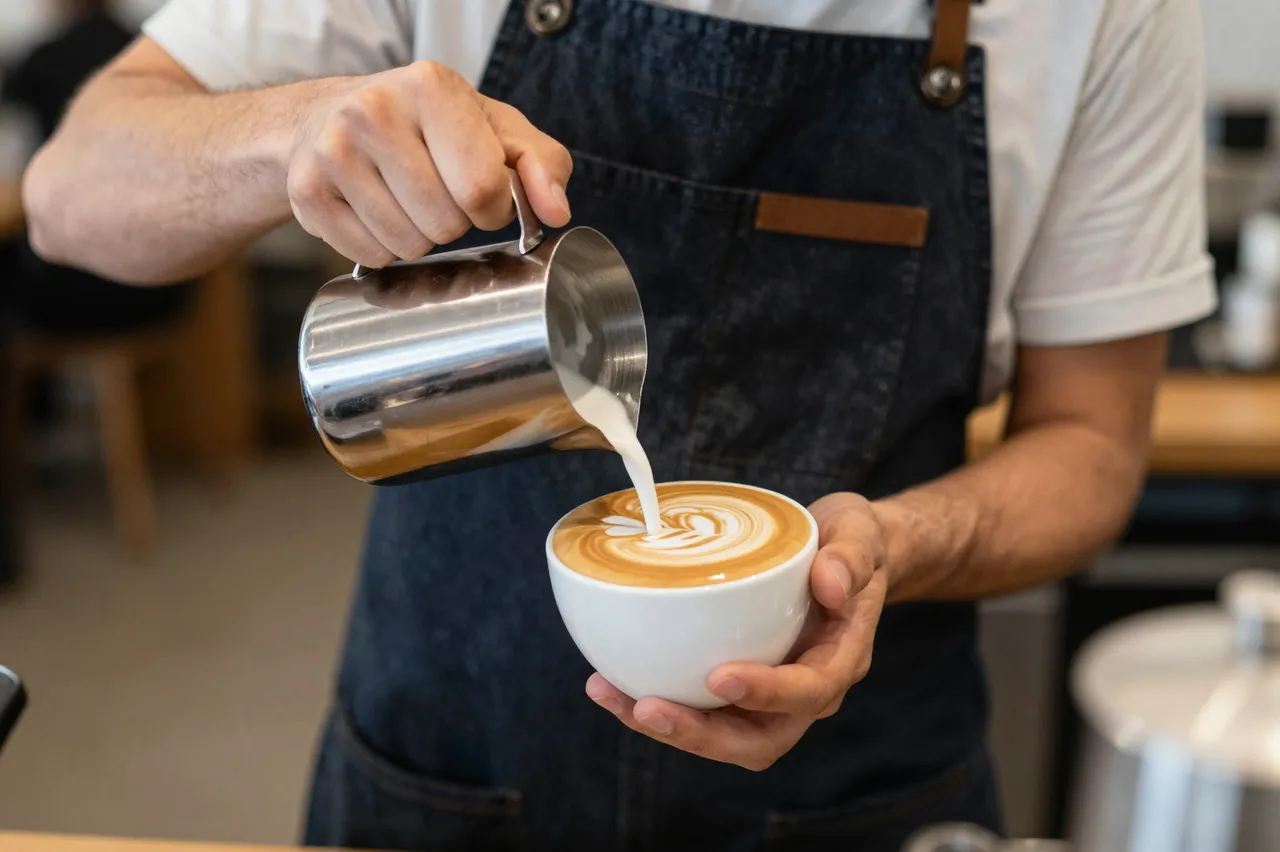 A barista pours steamed milk from a metal pitcher to create latte art in a coffee cup.