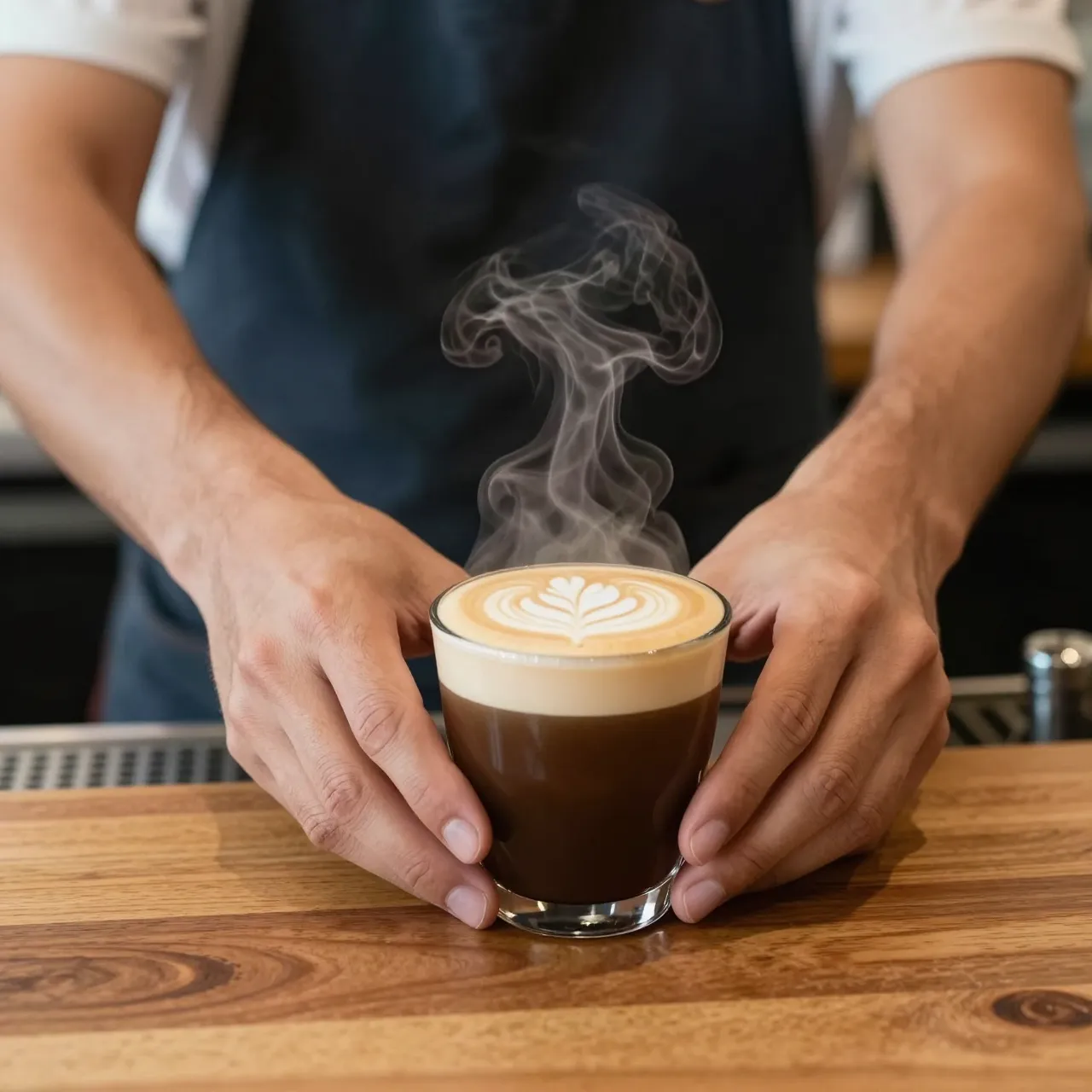 Barista places a steaming latte art cortado glass on a wooden cafe counter top