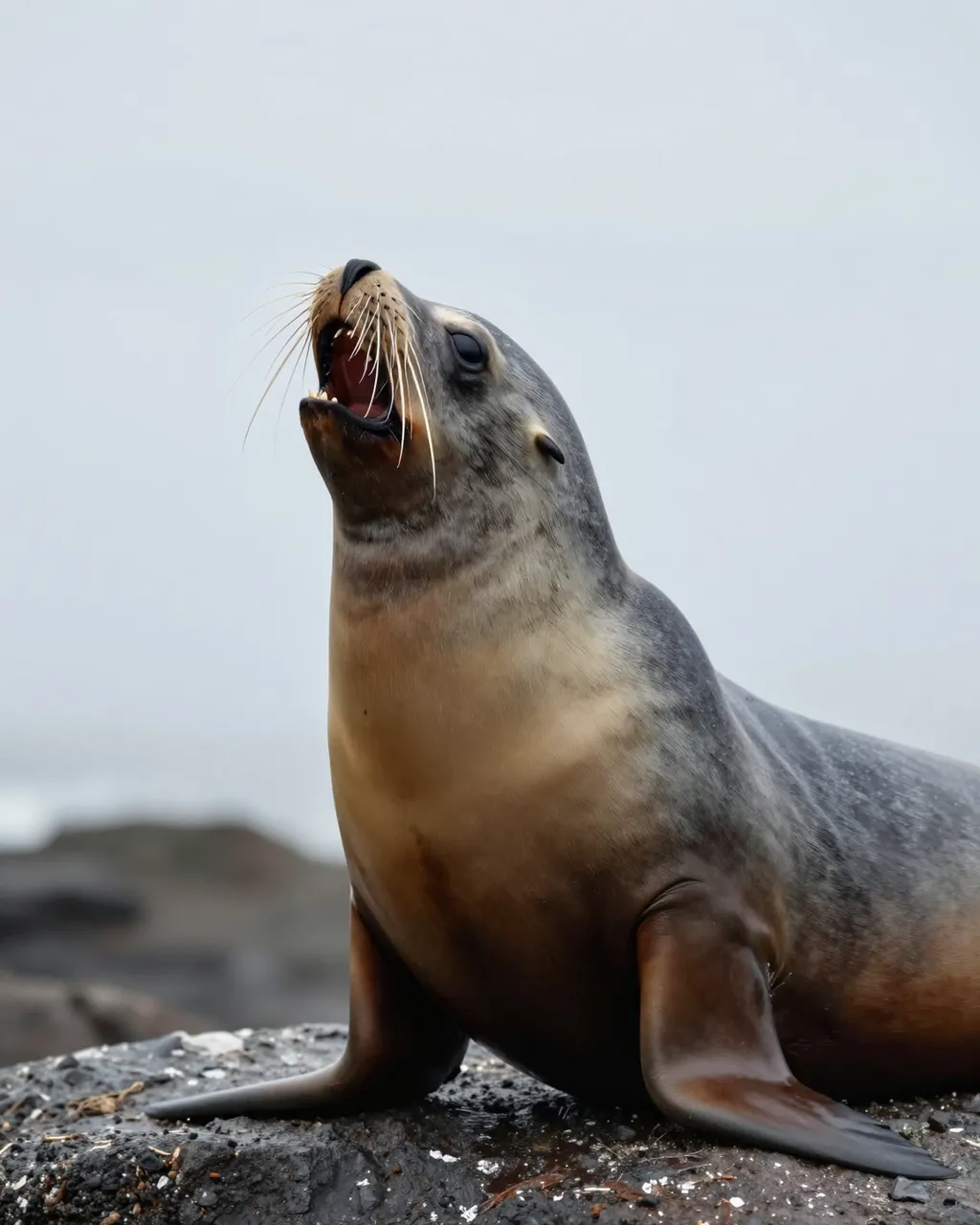 A sea lion with its head raised and mouth open barks while resting on wet rock under an overcast sky