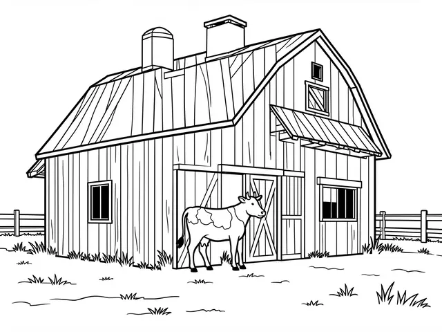 Black and white line art of a farm barn with a cow standing at its doorway on grassy ground