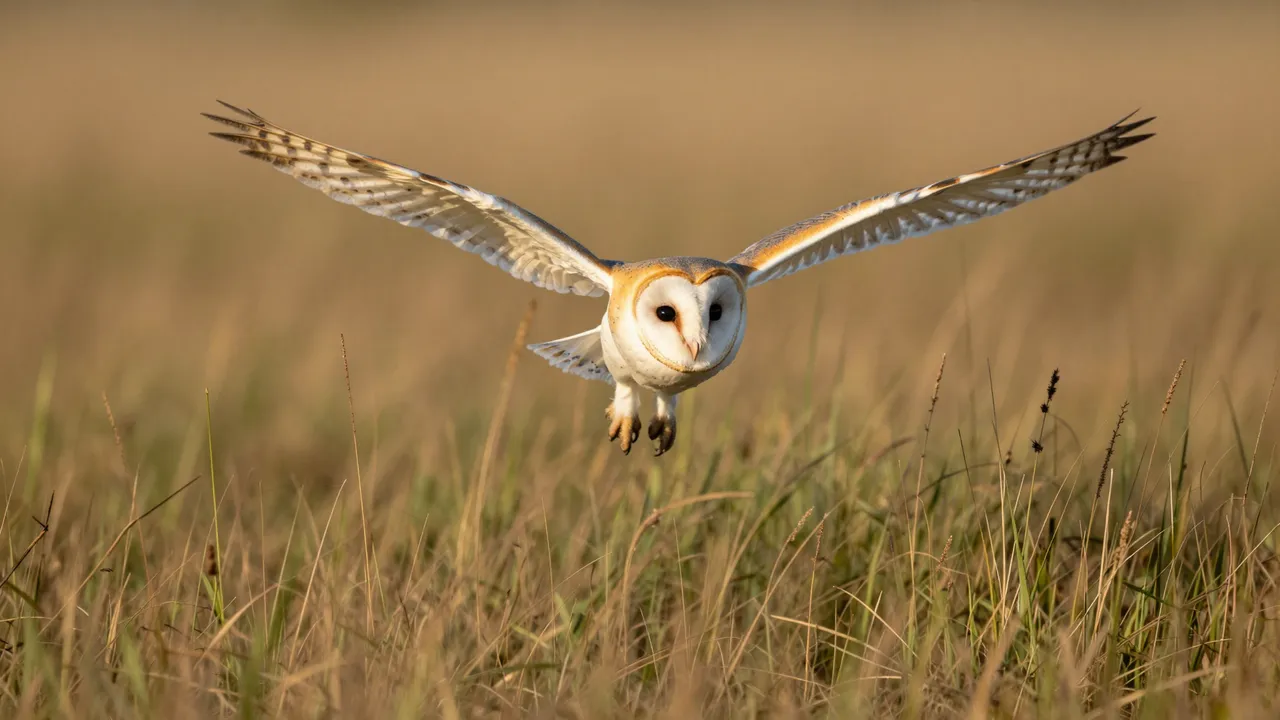 A barn owl with spread wings flies low over tall sunlit meadow grass in warm evening light.