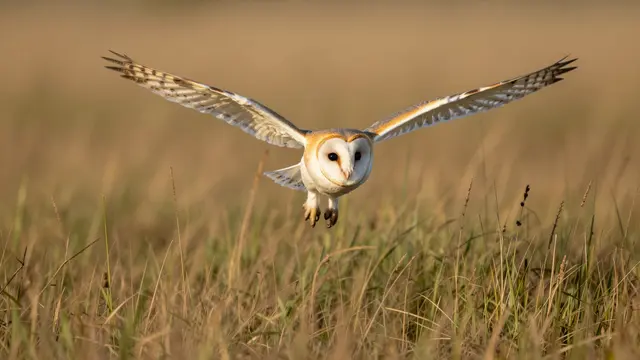 A barn owl with spread wings flies low over tall sunlit meadow grass in warm evening light.