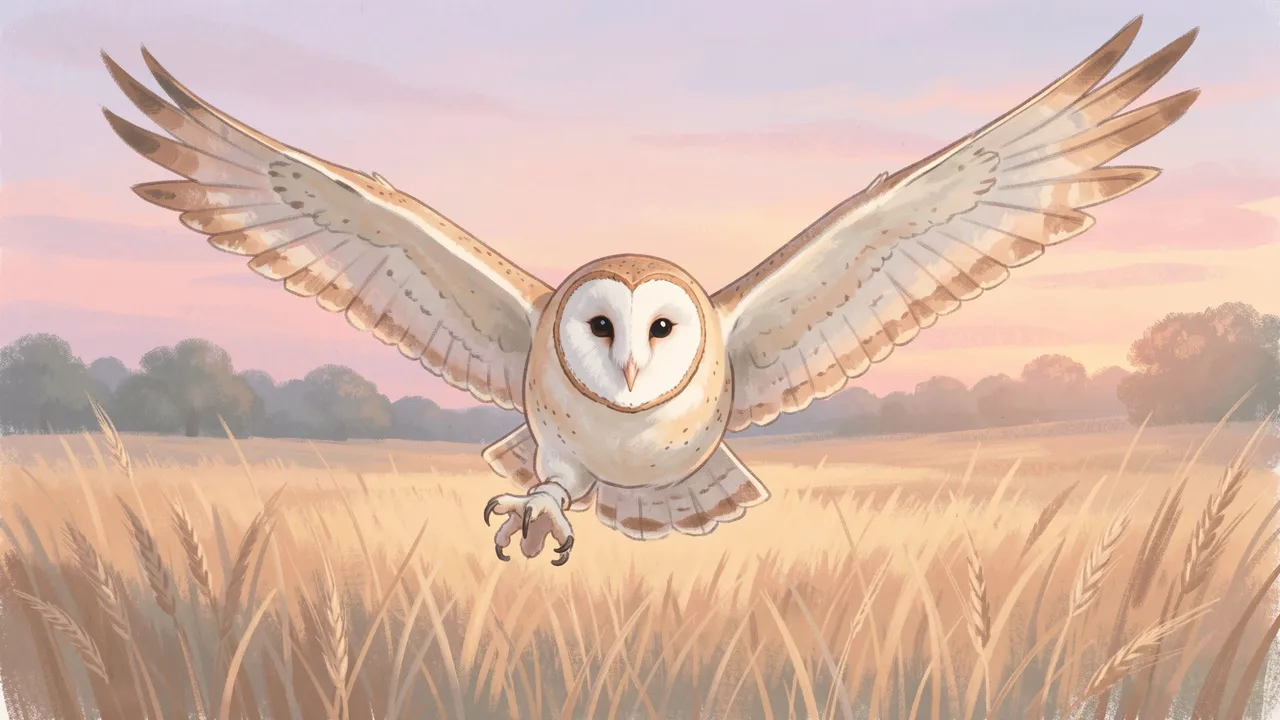 A barn owl with a heart-shaped white face glides over a golden hay meadow at pastel dusk