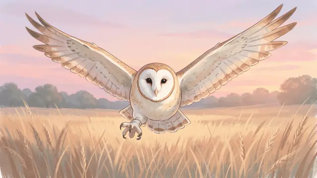 A barn owl with a heart-shaped white face glides over a golden hay meadow at pastel dusk