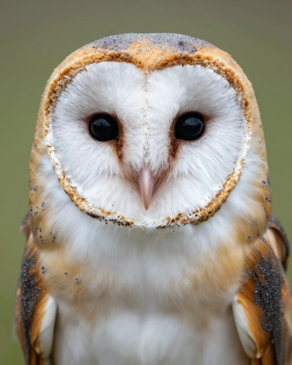 Close-up frontal portrait of a barn owl with a distinct heart-shaped facial disc against a soft blurred green background