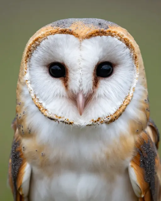 Close-up frontal portrait of a barn owl with a distinct heart-shaped facial disc against a soft blurred green background