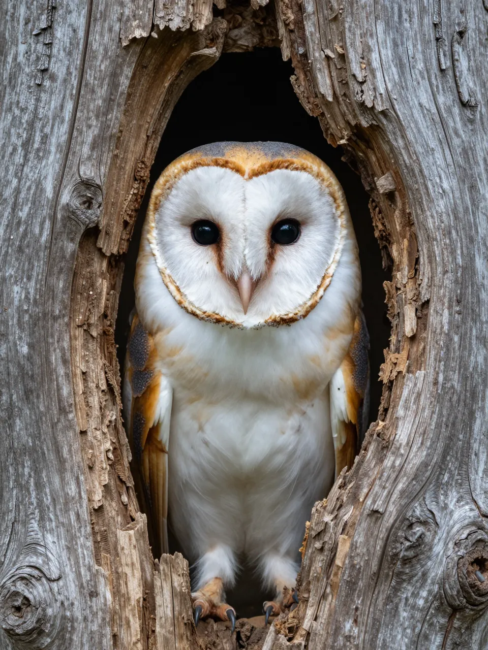 A barn owl with a heart-shaped white face peers directly out from a hollow in an old weathered tree trunk.