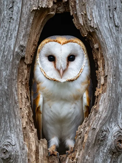 A barn owl with a heart-shaped white face peers directly out from a hollow in an old weathered tree trunk.