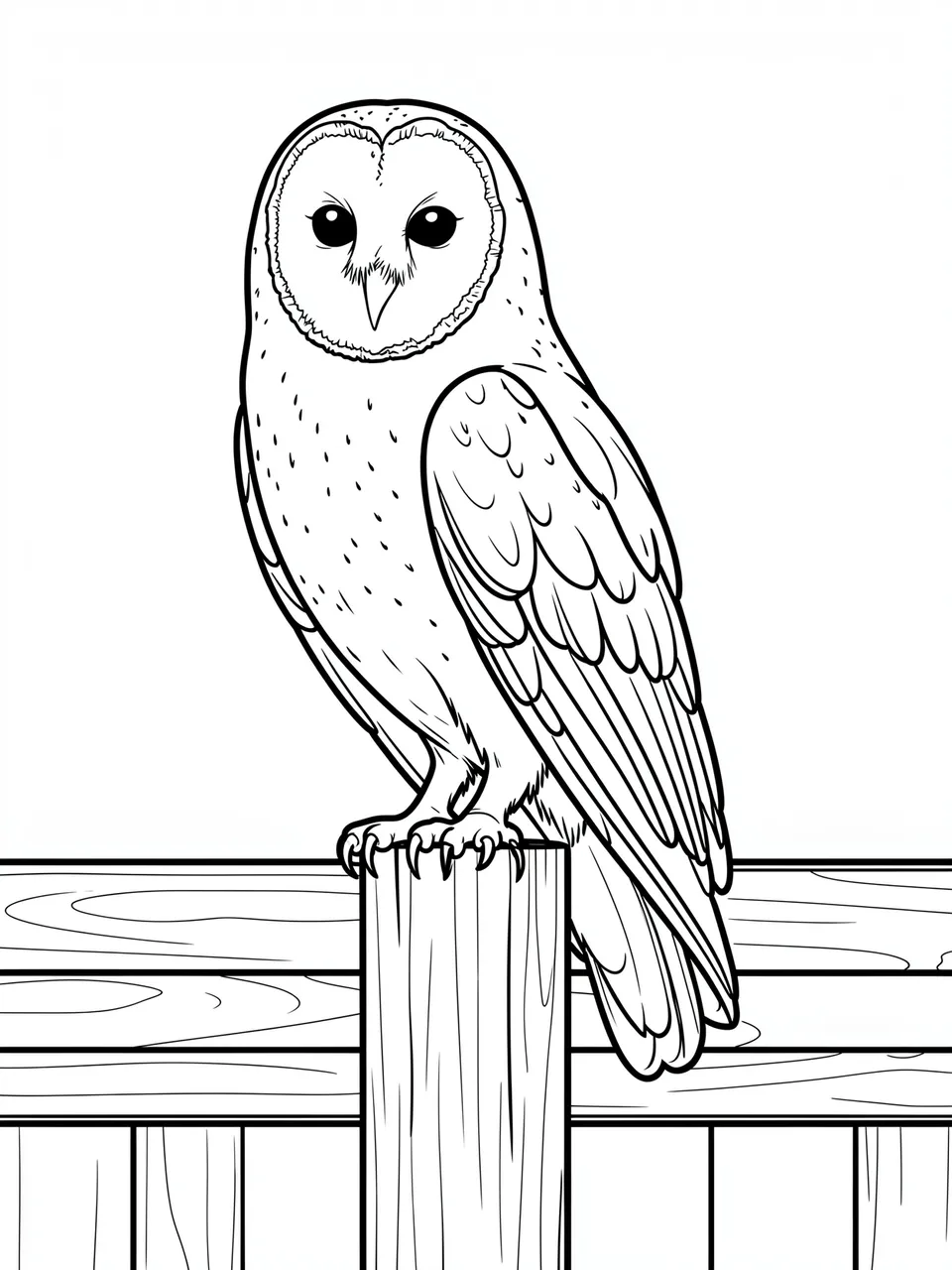 Black and white line art of a barn owl perched on a wooden fence post, drawn as a coloring page
