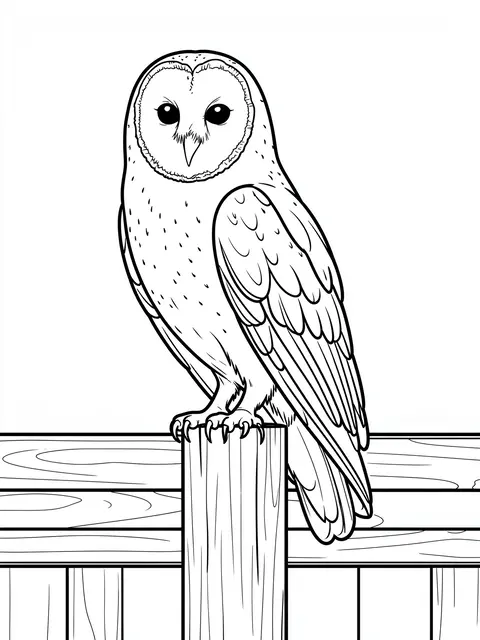 Black and white line art of a barn owl perched on a wooden fence post, drawn as a coloring page