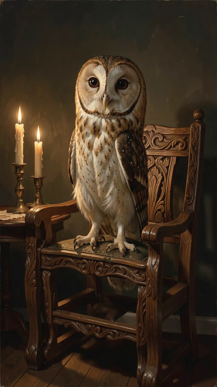A brown owl perches on an ornate carved wooden chair beside lit brass candles in dim candlelight